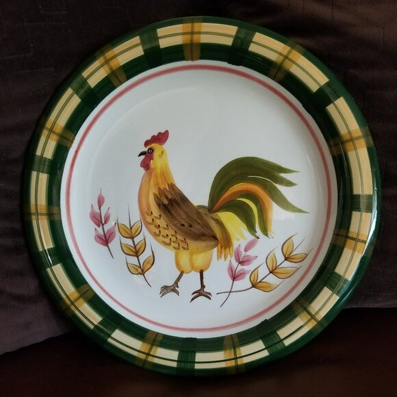 Bella Casa by Ganz 10.5" Ceramic Rooster Plate Platter Green Yellow Pink Flannel - Picture 1 of 6